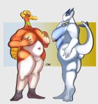 anthro areola belly big_areola big_breasts big_butt breasts butt deep_navel duo feet female generation_2_pokemon genitals hand_on_breast hand_on_butt hand_under_chin hi_res ho-oh huge_areola huge_breasts humanoid_feet innie_pussy krowbutt legendary_pokemon lugia mature_female montgomery_glands natural_breasts navel nintendo nipples nude overweight overweight_female plantigrade plump_labia pokemon pokemon_(species) pokemorph pussy raised_heel simple_background standing tail thick_thighs wide_hips