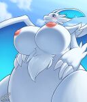 absurd_res anthro areola big_breasts blush breasts claws coolryong dragon female fur furred_dragon furred_scalie hi_res huge_breasts mythological_creature mythological_scalie mythology nipples nude pal_(species) palworld pocketpair quivern scalie smile solo white_body winged_dragon wings 