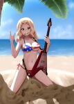  1girl \n/ american_flag american_flag_bikini american_flag_print beach bikini blonde_hair blue_eyes blue_sky breasts cleavage cloud collarbone commentary_request day electric_guitar flag_print full_body girls_und_panzer grin guitar hair_intakes highres holding holding_guitar holding_instrument holding_plectrum instrument kay_(girls_und_panzer) kneeling large_breasts lettuce-labo long_hair looking_at_viewer mouth_hold navel ocean outdoors plectrum print_bikini sand sky smile solo stomach strap striped_bikini striped_clothes swimsuit teeth teeth_hold textless_version 