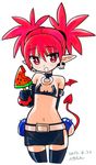  bat_wings belt bikini_top bracelet choker commentary cowboy_shot dated demon_girl demon_tail disgaea earrings elbow_gloves etna eyebrows_visible_through_hair flat_chest food gloves hekaton jewelry makai_senki_disgaea mini_wings miniskirt navel pointy_ears popsicle prinny red_eyes red_hair red_wings signature skirt skull_earrings solo tail thighhighs twintails watermelon_bar wings 