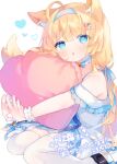  1girl :o ahoge animal_ear_fluff animal_ears bare_shoulders bell black_footwear blonde_hair blue_dress blue_eyes blue_hairband blush choker commission dress frills hair_ornament hairband hairclip heart heart-shaped_pillow highres hugging_object indie_virtual_youtuber jingle_bell komomo_(2899) long_hair looking_at_viewer off-shoulder_dress off_shoulder parted_lips pillow pillow_hug shoes signature simple_background sitting skeb_commission solo tail thighhighs tsukino_shimo very_long_hair wariza white_background white_dress white_thighhighs wrist_cuffs 