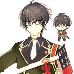  armor bad_id bad_pixiv_id black_hair chibi glasses green_eyes houhou_(black_lack) japanese_armor kotegiri_gou male_focus mole mole_under_eye necktie pants plaid plaid_pants sheath sheathed shoulder_armor smile sode sword touken_ranbu wakizashi weapon 