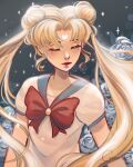  1girl artist_name bishoujo_senshi_sailor_moon blonde_hair blue_flower blue_rose bow ceresria closed_eyes crescent crescent_facial_mark double_bun eyebrows_hidden_by_hair facial_mark floral_background flower forehead_mark hair_bun long_hair red_bow red_lips rose signature solo sparkle tsukino_usagi twintails underwear 