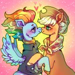  1:1 2019 aged_up aliasing blonde_hair blue_body blue_fur blush clothing colorful_theme cowboy_hat digital_media_(artwork) earth_pony embrace equid equine eye_contact female female/female friendship_is_magic fur green_eyes hair hair_bun hasbro hat headgear headwear heart_symbol hooves horse jacket looking_at_another low_res mammal multicolored_hair my_little_pony mythological_creature mythological_equine mythology orange_body orange_fur pegasus pink_eyes pony rainbow_dash_(mlp) rainbow_hair short_hair smile sparkles suippupupu topwear touching_noses warm_colors wings 