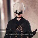  1boy 9s_(nier:automata) black_blindfold black_choker black_gloves black_jacket blindfold buttons character_name choker dialogue_box english_text gloves grey_hair highres i_really_like_wearing_sunglasses_(meme) jacket male_focus mariezone meme nier:automata nier_(series) outstretched_hand pendant_choker short_hair solo subtitled 