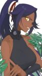  1girl 2024 arm_at_side arm_under_breasts arm_warmers artist_name bare_shoulders black_leotard bleach breasts bright_pupils collarbone commentary dark-skinned_female dark_skin dated eyelashes grin hair_ribbon highres index_finger_raised jou_(jo_jjo) large_breasts leaf leotard long_hair looking_at_viewer one_eye_closed parted_bangs ponytail profile purple_hair red_ribbon ribbon shihouin_yoruichi sidelocks simple_background smile solo tsurime upper_body v-shaped_eyebrows very_long_hair white_background white_pupils yellow_eyes 