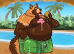  2024 absurd_res anthro belly big_belly bottomwear brown_body brown_fur bulge canid canine clothing dessert food fur hi_res ice_cream male mammal moobs navel nipples overweight overweight_male raccoon_dog said_the_saisio shorts solo swimming_pool tanuki tongue tongue_out 