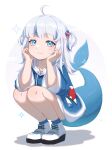  1girl absurdres blue_eyes blue_hair blue_hoodie blue_nails blue_socks blunt_bangs closed_mouth commentary_request fins fish_tail full_body gawr_gura gawr_gura_(1st_costume) grey_hair hair_ornament hands_on_own_cheeks hands_on_own_face head_rest highres hololive hololive_english hood hoodie long_hair long_sleeves looking_at_viewer multicolored_hair nail_polish no_pants shark_hair_ornament shark_tail sharp_teeth shoes smile sneakers socks solo squatting streaked_hair tail teeth two_side_up virtual_youtuber white_footwear wide_sleeves yuenillus 