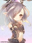  bare_shoulders belly blush granblue_fantasy hair_ornament hair_over_one_eye hairclip hand_on_own_face harvin marshmallow_mille navel nio_(granblue_fantasy) pink_eyes pointy_ears ponytail pout purple_hair simple_background solo twitter_username wavy_hair 