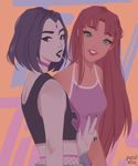  casual dc_comics forehead_jewel green_eyes grey_skin highres long_hair midriff multiple_girls orange_skin pauline_(punziella) purple_eyes purple_hair raven_(dc) red_hair short_hair smile starfire teen_titans 