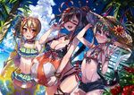  bad_id bad_pixiv_id ball beach beachball bikini black_hair blue_hair blue_sky bracelet breasts brown_hair cleavage closed_eyes day elf eyepatch frilled_bikini_top frills hair_over_one_eye hat highres jewelry large_breasts midriff moze multiple_girls navel open_mouth original palm_tree pointy_ears short_shorts shorts side_ponytail sky small_breasts straw_hat swimsuit tree 