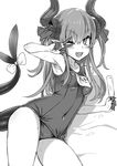  ;d arm_support asanagi bow breasts commentary_request covered_navel dragon_tail elizabeth_bathory_(fate) elizabeth_bathory_(fate)_(all) fang fate/extra fate/extra_ccc fate_(series) food greyscale heart heart-shaped_pupils highres holding holding_food horns long_hair lying monochrome name_tag old_school_swimsuit on_side one-piece_swimsuit one_eye_closed open_mouth popsicle school_swimsuit small_breasts smile solo swimsuit symbol-shaped_pupils tail tail_bow two_side_up 