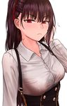  &gt;:( adjusting_hair bangs black_skirt blush bra_through_clothes braid breasts brown_hair check_commentary closed_mouth collared_shirt commentary_request dress_shirt expressionless eyebrows_visible_through_hair flying_sweatdrops frown girls_frontline hand_in_hair high-waist_skirt long_hair long_sleeves looking_at_viewer medium_breasts ponytail purple_hair red_eyes shirt simple_background skirt solo suspender_skirt suspenders sweat testame tsurime upper_body v-shaped_eyebrows wa2000_(girls_frontline) white_background white_shirt wing_collar 