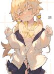  1girl absurdres artist_name black_sailor_collar black_skirt blue_archive blush breasts buttons cardigan collarbone cowboy_shot dated grin hifumi_(blue_archive) highres light_brown_hair long_hair long_sleeves looking_at_viewer low_twintails nipples pleated_skirt sailor_collar skirt small_breasts smile solo tsukibara twintails white_cardigan yellow_eyes 
