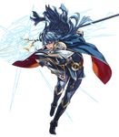  armor armored_boots bangs belt blue_armor blue_eyes blue_hair boots cape fire_emblem fire_emblem:_kakusei fire_emblem_heroes full_body hair_ornament highres holding holding_weapon jewelry kozaki_yuusuke long_hair lucina official_art open_mouth polearm shield shoulder_pads solo spear thighhighs tiara transparent_background weapon 