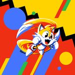  clenched_hands commentary fangs flat_color flying fox_ears furry gloves kaigetsudo motion_blur multiple_tails nose open_mouth retro shoes sneakers solo sonic_mania sonic_the_hedgehog tail tails_(sonic) white_gloves 