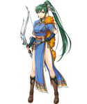  armor bangs bare_legs boots bow_(weapon) breasts cape dress earrings elbow_gloves feathers fingerless_gloves fire_emblem fire_emblem:_rekka_no_ken fire_emblem_heroes full_body fur_cape gloves green_eyes green_hair hair_ornament hand_on_hip highres holding holding_bow_(weapon) holding_weapon jewelry knee_boots long_hair looking_at_viewer lyndis_(fire_emblem) medium_breasts muneate official_art pelvic_curtain ponytail quiver short_sleeves side_slit smile solo standing transparent_background weapon yamada_koutarou 