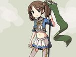  adrian_ferrer bad_source brown_eyes brown_hair commentary crop_top flag groin hair_tie kantai_collection midriff miniskirt navel pleated_skirt ryuujou_(kantai_collection) skirt smile solo twintails 