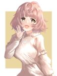  1girl :d absurdres cometik_(idolmaster) commentary_request highres idolmaster idolmaster_shiny_colors ikuta_haruki light_blush looking_to_the_side medium_bangs messy_hair open_mouth pink_hair pink_sweater saohahu short_hair simple_background smile solo sweater upper_body yellow_eyes 