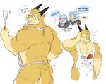  2017 apron avian bird blue_feathers blush bulge butt clothed clothing dragon english_text facial_hair feathers fur horn male muscular muscular_male partially_clothed seintaur spatula speech_bubble text yellow_fur 