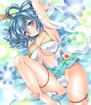 alternate_costume arm_up armpits artist_name at_classics blue_eyes blue_hair blush breasts closed_mouth groin hair_ornament hair_rings hair_stick hand_on_own_leg high_heels kaku_seiga large_breasts leotard looking_at_viewer lying on_back sample shawl smile solo thigh_strap touhou traditional_media watermark white_leotard 