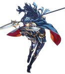  armor armored_boots bangs belt blue_armor blue_eyes blue_hair boots cape fire_emblem fire_emblem:_kakusei fire_emblem_heroes full_body highres holding holding_weapon jewelry kozaki_yuusuke long_hair lucina official_art polearm shield shoulder_pads solo spear thighhighs tiara transparent_background weapon 