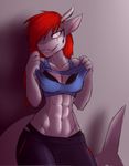  abs anthro breasts clothed clothing female fish hair marine shark shirt smile solo torn_clothing wide_hips xaenyth 