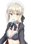  absurdres artoria_pendragon_(all) artoria_pendragon_(swimsuit_rider_alter) bangs bikini_top black_bikini_top black_ribbon blonde_hair blush breasts choker cleavage collarbone commentary_request eyebrows_visible_through_hair fate/grand_order fate_(series) food food_in_mouth frilled_bikini_top frilled_choker frills hair_ribbon highres hood hood_down hooded_jacket jacket looking_at_viewer maid_bikini maid_headdress medium_breasts mouth_hold nedia_(nedia_region) open_clothes open_jacket popsicle ribbon ribbon_trim short_hair sidelocks solo upper_body yellow_eyes 