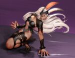  1girl animal_ears armlet bracelet claws dorkartist final_fantasy final_fantasy_xii fran_(ff12) full_body highres jewelry long_hair looking_to_the_side navel rabbit_ears red_eyes solo tan white_hair 