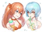  artist_name ayanami_rei blue_eyes blue_hair blue_nails choker drink drinking drinking_straw eating fogriver food food_on_face halterneck ice_cream licking_lips long_hair looking_at_another looking_at_viewer multiple_girls nail_polish neon_genesis_evangelion orange_eyes orange_hair red_nails short_hair smile souryuu_asuka_langley tongue tongue_out two_side_up upper_body 
