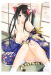  :d absurdres animal_ears arm_support artist_name bare_shoulders black_hair bow breasts brown_eyes cleavage eyebrows_visible_through_hair floral_print flower hair_bow hair_flower hair_ornament highres iizuki_tasuku indoors japanese_clothes kimono large_breasts long_hair looking_at_viewer nipples off_shoulder open_mouth page_number panties panty_pull pink_panties scan sidelocks sitting sliding_doors smile solo sweat tabi tail tatami tiger_ears tiger_tail toranoana twintails underwear wide_sleeves 