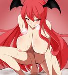  1girl :q bat_wings bed blush breasts breath censored commentary_request cowboy_shot cowgirl_position d_ginac_e eyebrows_visible_through_hair gradient gradient_background guided_penetration head_wings highres imminent_vaginal koakuma large_breasts long_hair naughty_face nipples nude penis pussy_juice red_eyes red_hair simple_background solo_focus straddling sweat tongue tongue_out touhou very_long_hair wings 