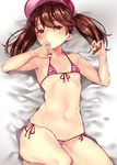  absurdres armpits bad_anatomy bikini blush breasts brown_hair buta_tamako cleft_of_venus covered_nipples eyebrows_visible_through_hair front-tie_bikini front-tie_top hair_between_eyes hand_in_hair hand_to_own_mouth hat heart heart-shaped_pupils highres kantai_collection legs_up looking_at_viewer lying micro_bikini navel on_back pink_eyes ryuujou_(kantai_collection) side-tie_bikini small_breasts solo string_bikini swimsuit symbol-shaped_pupils twintails 