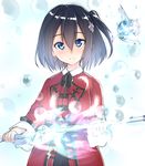  black_hair blue_eyes eyebrows_visible_through_hair hair_ornament holding holding_sword holding_weapon one_side_up original red_mage short_hair smile solo suzunari_shizuku sword upper_body weapon yuki_arare 