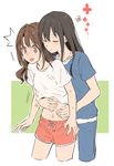  akni bangs belly belly_rub blush brown_eyes brown_hair idolmaster idolmaster_cinderella_girls jewelry long_hair multiple_girls necklace open_mouth shibuya_rin shimamura_uzuki shirt simple_background white_shirt yuri 