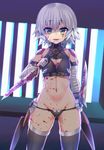  ass_visible_through_thighs backlighting bandaged_arm bandages bangs bare_shoulders black_legwear black_panties blood blood_on_face blood_splatter blush buckle chromatic_aberration cleavage_cutout cowboy_shot crop_top dagger dual_wielding eyebrows_visible_through_hair facial_scar fate/apocrypha fate_(series) flat_chest google_(asdek18) green_eyes groin highres holding holding_weapon jack_the_ripper_(fate/apocrypha) legs_apart looking_at_viewer lowleg lowleg_panties navel open_mouth panties reverse_grip scar scar_across_eye short_hair shoulder_tattoo silver_hair sleeveless smile solo standing stomach tattoo thighhighs underwear weapon 