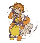  1girl bow braid cowboy_shot crown_braid dress hair_bow hand_up idol kagerou_project kisaragi_momo medium_hair microphone one_eye_closed orange_dress orange_hair red_bow red_eyes rutu simple_background solo white_background 