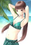  adjusting_hair arm_up beach breasts brown_eyes brown_hair day hair_tie hair_tie_in_mouth hami_(hami-gerden) highres looking_at_viewer mouth_hold navel original outdoors palm_tree school_uniform small_breasts standing swimsuit tree twintails 