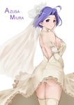  ahoge anho ass backless_dress backless_outfit bare_back blue_hair breasts character_name dress elbow_gloves flower from_behind gloves hair_flower hair_ornament hand_on_own_cheek idolmaster idolmaster_(classic) large_breasts looking_at_viewer looking_back miura_azusa panties pantylines pantyshot purple_eyes short_hair sideboob sketch smile thighhighs underwear veil wedding_dress white_background white_dress white_gloves white_legwear white_panties 
