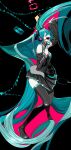  1girl absurdly_long_hair aqua_hair arm_up bare_shoulders black_background black_skirt black_thighhighs boots breasts closed_eyes commentary_request detached_sleeves floating_hair hand_on_own_chest hatsune_miku highres lantern_madoyoi long_hair long_sleeves miniskirt necktie open_mouth pleated_skirt skirt smile solo teeth thigh_boots thighhighs twintails upper_teeth_only very_long_hair vocaloid zettai_ryouiki 