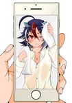  anger_vein arm_up bangs blush breasts buttons cellphone cleavage closed_mouth collared_shirt eyebrows_visible_through_hair hair_between_eyes hands highres himajin_noizu holding holding_phone holding_towel horns kijin_seija long_sleeves looking_at_viewer medium_breasts multicolored_hair phone red_eyes shirt short_hair simple_background smartphone solo_focus streaked_hair touhou towel wet wet_hair white_background white_shirt wiping_face 