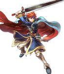  armor belt blue_eyes cape cosplay detached_sleeves durandal_(fire_emblem) eliwood_(fire_emblem) eliwood_(fire_emblem)_(cosplay) fire_emblem fire_emblem:_fuuin_no_tsurugi fire_emblem_heroes full_body headband highres holding holding_weapon long_sleeves looking_away male_focus official_art pants red_hair roy_(fire_emblem) solo sword transparent_background wada_sachiko weapon 