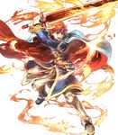  armor belt blue_armor blue_eyes cape cosplay detached_sleeves durandal_(fire_emblem) eliwood_(fire_emblem) eliwood_(fire_emblem)_(cosplay) fire fire_emblem fire_emblem:_fuuin_no_tsurugi fire_emblem_heroes full_body headband highres holding holding_weapon long_sleeves looking_away male_focus official_art open_mouth pants red_hair roy_(fire_emblem) solo sword transparent_background wada_sachiko weapon 