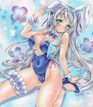  animal_ears aqua_eyes arm_up artist_name at_classics bangs blue_bow blue_leotard blue_neckwear blush bow bowtie breasts bunny_ears bunnysuit closed_mouth covered_navel covered_nipples detached_collar eyebrows_visible_through_hair flower groin hair_flower hair_ornament high_heels large_breasts leg_garter leotard long_hair looking_at_viewer original sample sidelocks silver_hair sitting smile solo traditional_media very_long_hair wariza watermark wrist_cuffs 
