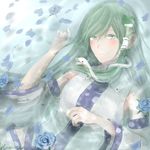  bangs blue_flower blue_rose breasts commentary_request detached_sleeves expressionless flower frog_hair_ornament green_eyes green_hair hair_between_eyes hair_ornament hair_tubes hand_up highres karumi kochiya_sanae large_breasts long_hair looking_at_viewer midriff partially_submerged petals ripples rose shirt skirt snake_hair_ornament solo swept_bangs touhou upper_body very_long_hair water white_skirt wide_sleeves 