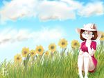  5_fingers anthro brown_eyes brown_hair cat clothing cloud digital_media_(artwork) dress eyewear fejess96 feline female fur glasses hair hat hi_res humanoid_hands jessica_(fejess96) mammal sunflowers teenager white_fur young 