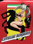  abazu-red anchovy bangs bikini black_ribbon breasts cleavage commentary_request decal drill_hair ferrari flag_print girls_und_panzer green_hair hair_ribbon high_heels horse italian italian_flag long_hair medium_breasts open_mouth red_background red_eyes red_footwear ribbon riding riding_crop shoes side-tie_bikini silhouette sitting smile solo swimsuit twin_drills twintails 