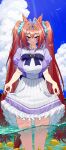  1girl absurdres acaa animal animal_ears blue_sky breasts clothes_lift cloud commentary_request daiwa_scarlet_(umamusume) day fish highres horse_ears horse_girl horse_tail large_breasts lifting_own_clothes long_hair looking_at_viewer outdoors pleated_skirt red_eyes red_hair school_uniform short_sleeves skirt skirt_hold sky solo standing tail thighs tiara tracen_school_uniform twintails umamusume very_long_hair wading white_skirt 