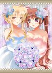  2girls alternate_hairstyle ameiro blonde_hair blush bouquet breasts brown_hair cleavage dress fate_testarossa flower hair_ornament happy long_hair looking_at_viewer lyrical_nanoha mahou_shoujo_lyrical_nanoha mahou_shoujo_lyrical_nanoha_strikers mahou_shoujo_lyrical_nanoha_vivid multiple_girls purple_eyes red_eyes side_ponytail smile takamachi_nanoha wedding wedding_dress wife_and_wife yuri 