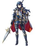  armor armored_boots bangs belt blue_armor blue_eyes blue_hair boots breastplate cape fire_emblem fire_emblem:_kakusei fire_emblem_heroes full_body gauntlets highres jewelry kozaki_yuusuke long_hair looking_at_viewer lucina official_art polearm shield shoulder_pads solo spear standing thighhighs tiara transparent_background weapon 